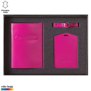 Putnički set od prirodne kože u pink boji sa putnim pokrivačem pasoša i priveskom za prtljag