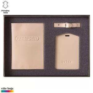Set od prirodne kože koji uključuje držač za pasoš i etiketu za prtljag sa logom Princ Leather