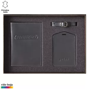 Set od prirodne kože sa tamnom futrolom za pasoš i priveskom za prtljag sa logom Princ Leather.
