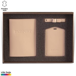 Princ Leather kožni dvodelni set za putovanje tag za kofer i futrola za pasoš, boje bež