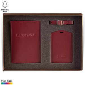 Princ Leather kožni dvodelni set za putovanje tag za kofer i futrola za pasoš, boje bordo