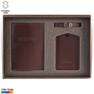 Princ Leather kožni dvodelni set za putovanje tag za kofer i futrola za pasoš, boje braon