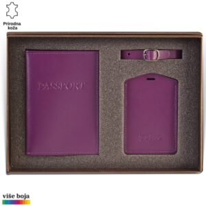 Princ Leather kožni dvodelni set za putovanje tag za kofer i futrola za pasoš, boje ljubičaste