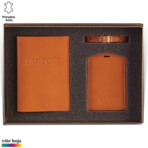 Princ Leather kožni dvodelni set za putovanje tag za kofer i futrola za pasoš, boje narandžaste