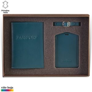 Princ Leather kožni dvodelni set za putovanje tag za kofer i futrola za pasoš, boje petrol