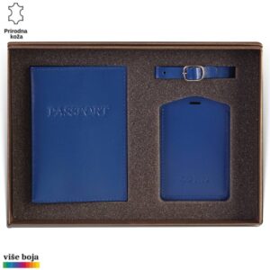 Princ Leather kožni dvodelni set za putovanje tag za kofer i futrola za pasoš, boje plave