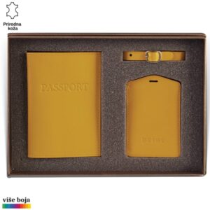 Princ Leather kožni dvodelni set za putovanje tag za kofer i futrola za pasoš, boje žute
