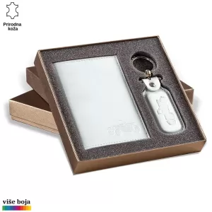 Poklon set od prirodne kože sa belim novčanikom i priveskom za ključeve