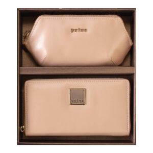 Set bež kožne torbice i novčanika sa logom Princ Leather.