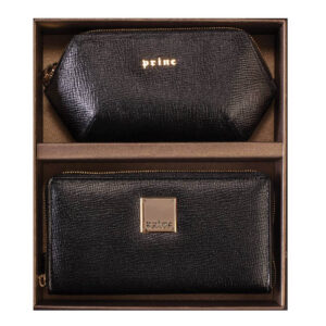 Crna kožna torbica i novčanik Princ Leather u luksuznom poklon pakovanju.