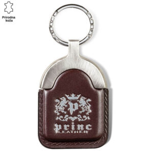 Kožni privesak sa metalnim držačem i logom Princ Leather.