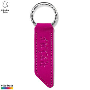 Ljubičasti kožni privezak s logom Princ Leather i prstenom od metala.