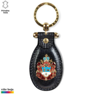PRIVEZAK OD KOŽE SA GRBOM PATRIJARŠIJE 3 Zlatni privezak sa crnim kožnim dodatkom i grbom u crveno-plavoj boji