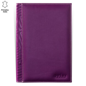 Ljubičasta kožna korica sa uzorkom i brendom Princ Leather.