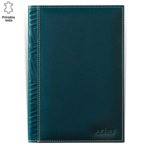 Tamno plava kožna fascikla sa reljefnim uzorkom i logom Princ Leather u donjem desnom uglu.