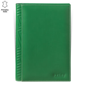 Zeleni kožni rokovnik marke Princ Leather sa štepovima i geometrijskim uzorkom na ivici.