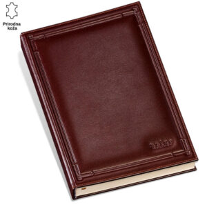 Kožna korica knjige tamno smeđe boje sa logom Princ Leather na dnu.