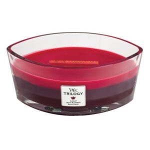 Crvena sveća Woodwick Trilogy u ovalnoj staklenoj posudi s drvenim fitiljem
