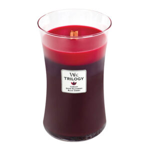 Woodwick sveća u čaši sa tri sloja mirisa: ribizle