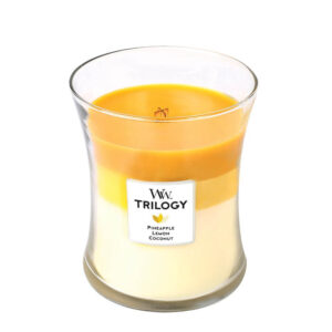 Staklena sveća Woodwick Trilogy sa slojevima mirisa ananasa