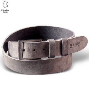 Sivi kožni kaiš sa ugraviranim logom Princ Leather.