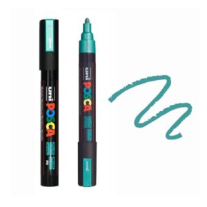 UNI POSCA MARKER PC-5M 24 Crni i zeleni marker sa čepom marke Posca i iscrtana tirkizna linija.