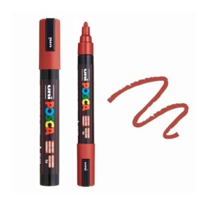 UNI POSCA MARKER PC-5M 28 Crveni Posca marker sa istaknutim vrhom i uzorkom crte u boji.