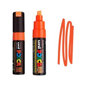 UNI POSCA MARKER PC-8K 8 Dva Posca markera u narandžastoj boji prikazana sa strane i otvorena sa iscrtanim narandžastim linijama pored.