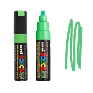UNI POSCA MARKER PC-8K 11 Dvostrani zeleni Posca marker sa poklopcem na jednoj strani i obojenim potezima na drugoj strani.