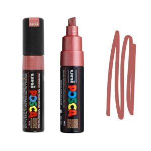 UNI POSCA MARKER PC-8K 14 Metalni Uni Posca markeri u ružičastoj boji sa uzorkom iscrtane linije.