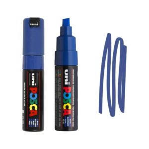 UNI POSCA MARKER PC-8K 20 Plavi Posca marker sa poklopcem sa strane i plavim tragovima na beloj pozadini.