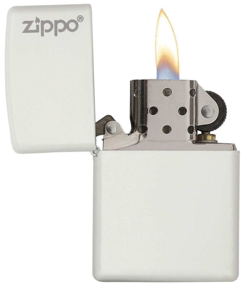 Z214-2 Zippo upaljač white matte, bele boje, upaljen i otvoren