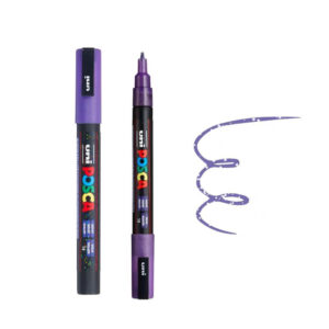 UNI POSCA MARKER PC-3ML 3 Ljubičasti marker Posca sa poklopcem pored njega i ljubičasta linija iscrtana markerom.