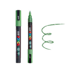 UNI POSCA MARKER PC-3ML 6 Zeleni Posca marker s poklopcem i prikazom poteza četkicom.