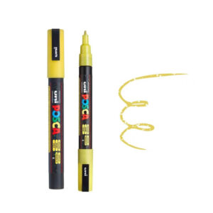 UNI POSCA MARKER PC-3ML 7 Žuti Posca marker sa otvorenim poklopcem i uzorkom žute boje na beloj pozadini.