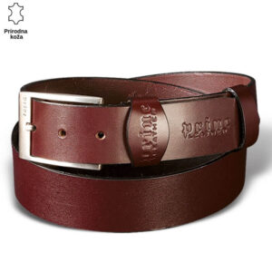 Kožni kaiš tamnobraon boje sa ugraviranim logom brenda Princ Leather.