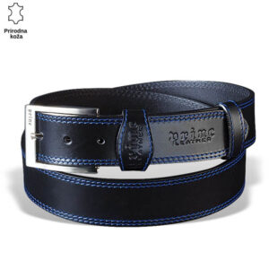 Crni kožni kaiš sa plavim šavovima i metalnom kopčom