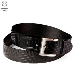 Crni kožni kaiš sa geometrijskim uzorkom i metalnom kopčom