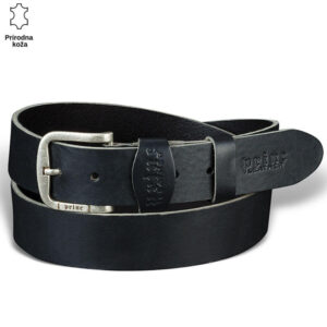 Crni kožni kaiš brenda Princ Leather sa srebrnom kopčom.