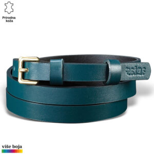 USKI ŽENSKI KOŽNI KAIŠ 218 8 Tamnozeleni kožni kaiš sa zlatnom kopčom i gravurom brenda Princ Leather.