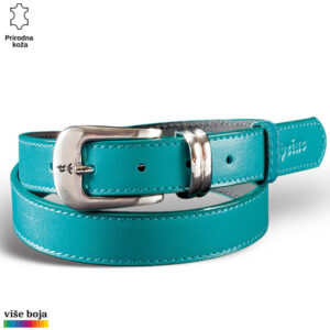 ŽENSKI KOŽNI KAIŠ 227 13 Tirkizni kožni kaiš brenda Princ Leather sa srebrnom kopčom.