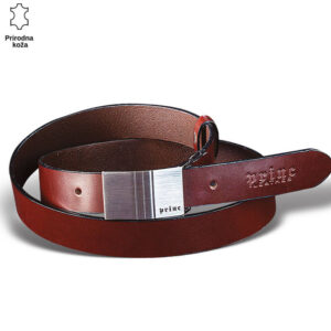 Braon kožni kaiš sa ugraviranim logom Princ Leather i srebrnom kopčom.