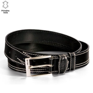 Kožni crni kaiš sa belim šavovima brenda Princ Leather.