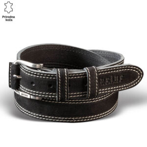 Crni kožni kaiš sa belim šavovima brenda Princ Leather.