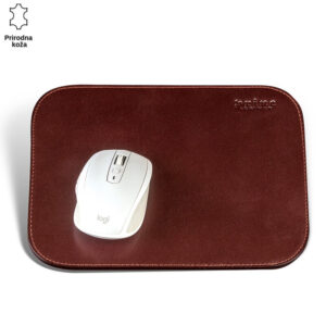 Braon kožni podmetač za miša sa belim bežičnim mišem na njemu