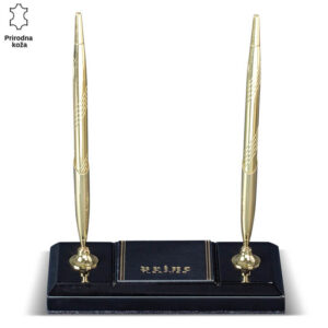 Zlatne hemijske olovke na crnom stalku sa natpisom Princ Leather