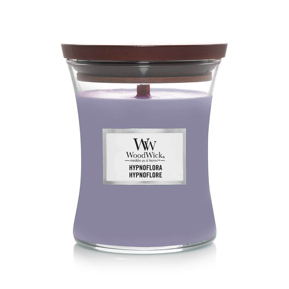 hypnofloramedium Hypnoflora medium mirisna sveća, brenda woodwick u staklenoj tegli svetlo plave boje.
