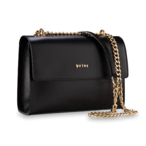 Kožna ženska torbica Elle, u crnoj boji sa zlatnim kaišem.