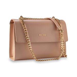 Kožna ženska torbica Elle, u bež boji sa zlatnim kaišem.