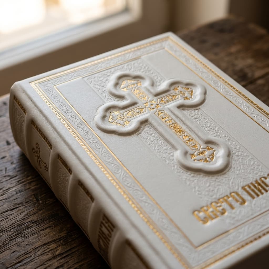 Gift shop & knjižara Gulliver 49 Knjiga biblija u beloj boji sa zlatnim detaljima i krstom na sredini